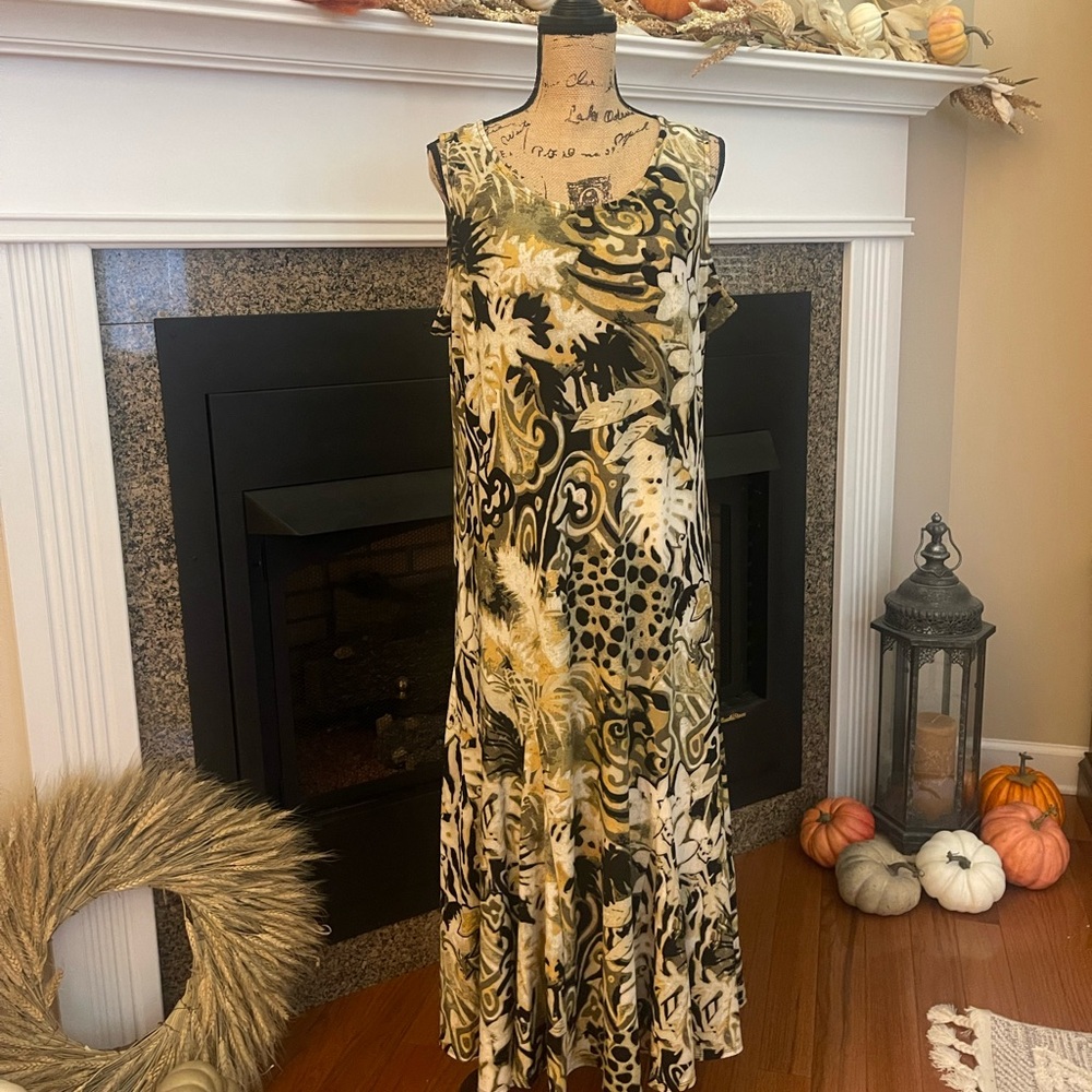 Attitudes by Renee Olive Green Black Cream Printed Maxi Dress